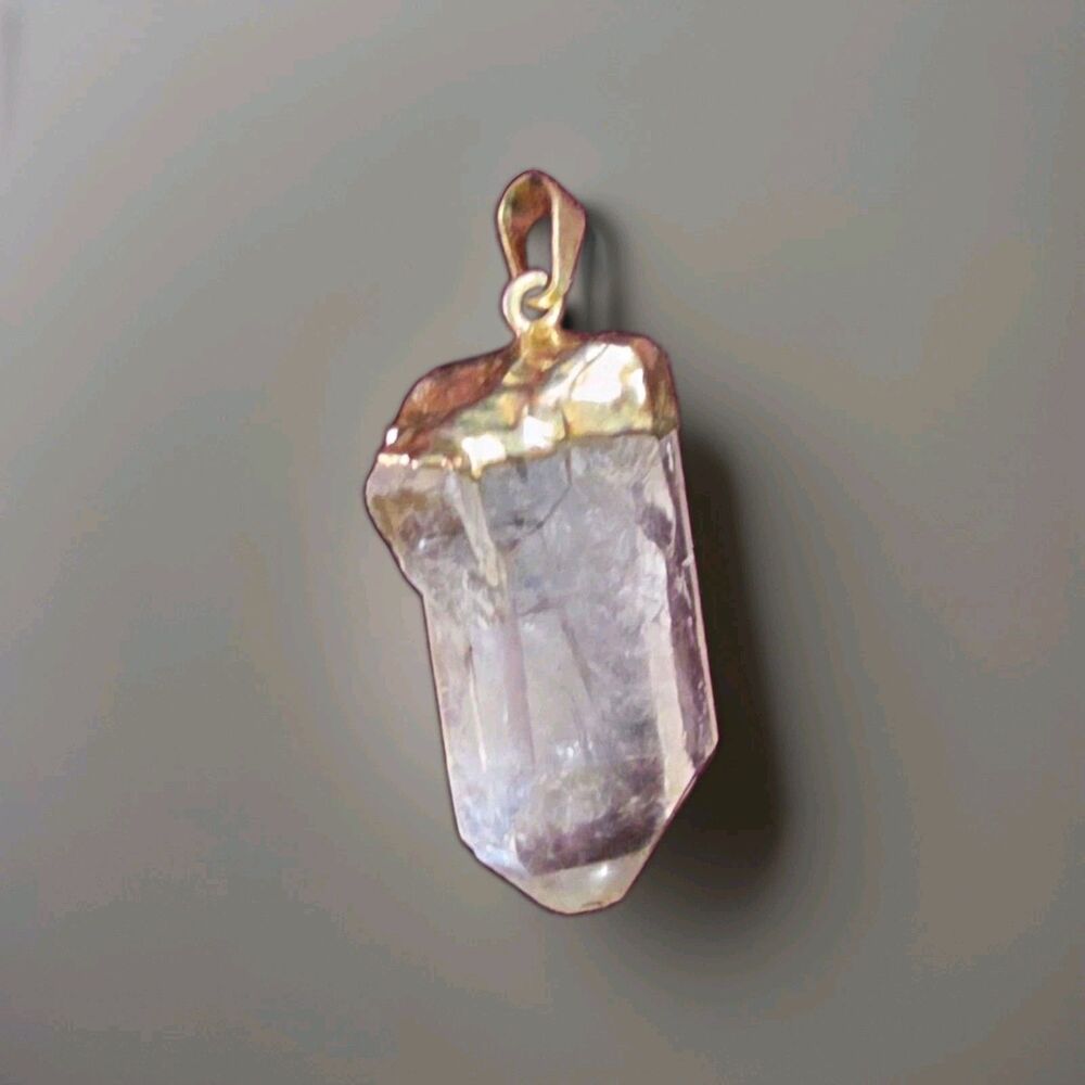 Natural Clear Quartz Crystal Point Pendant GoldTone Cap Bail Vntg Healing Stone